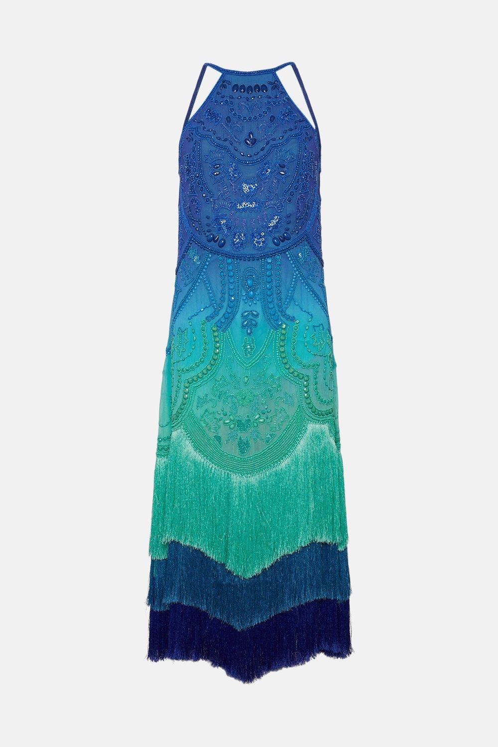 Ombre Fringe Strappy Beaded Maxi Dress ...